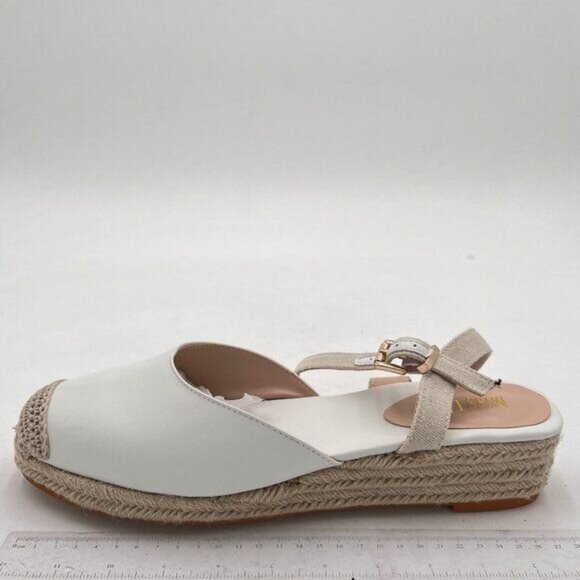 Miss Left White Rounded Toe Espadrille Sandal Ankle Strap Mid Heeled Wedge - Picture 2 of 8